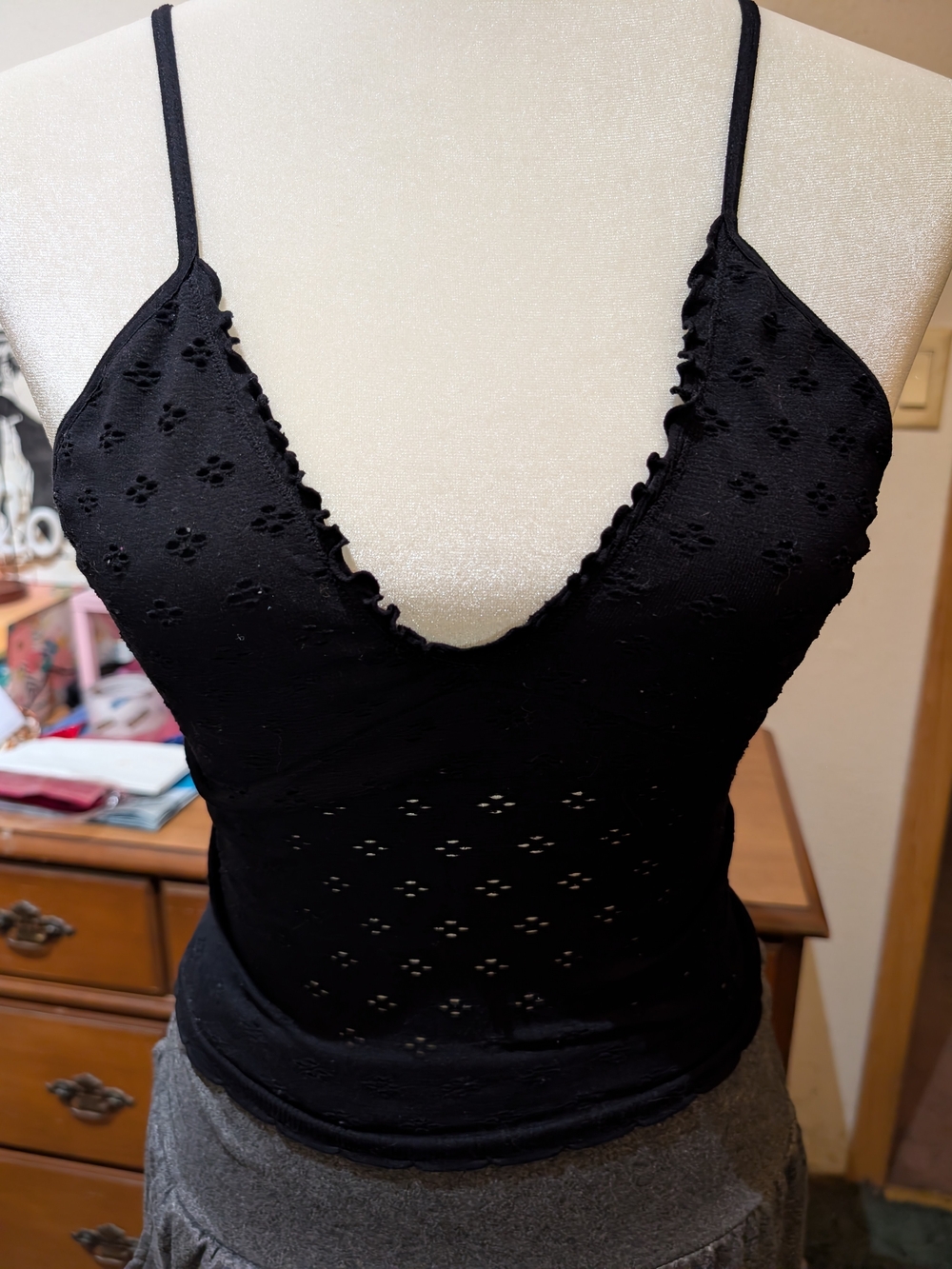 Free People Black Eyelet V‑Neck Ruffle Trim Camisole
